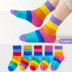 Girl's Rainbow Striped Knitted Crew Socks for Outdoor Wear