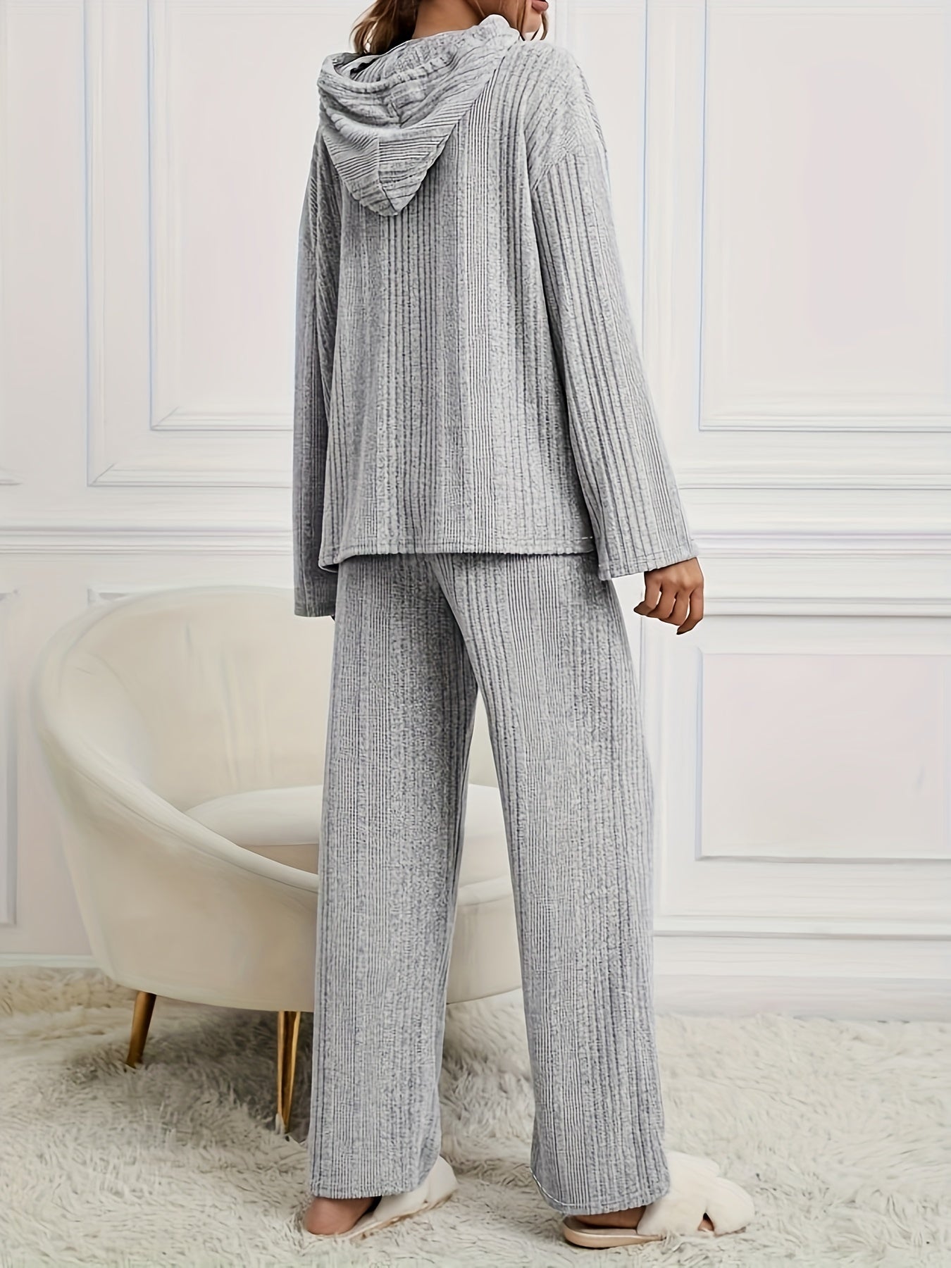 Solid Ribbed Hooded Top & Wide Leg Pants Set