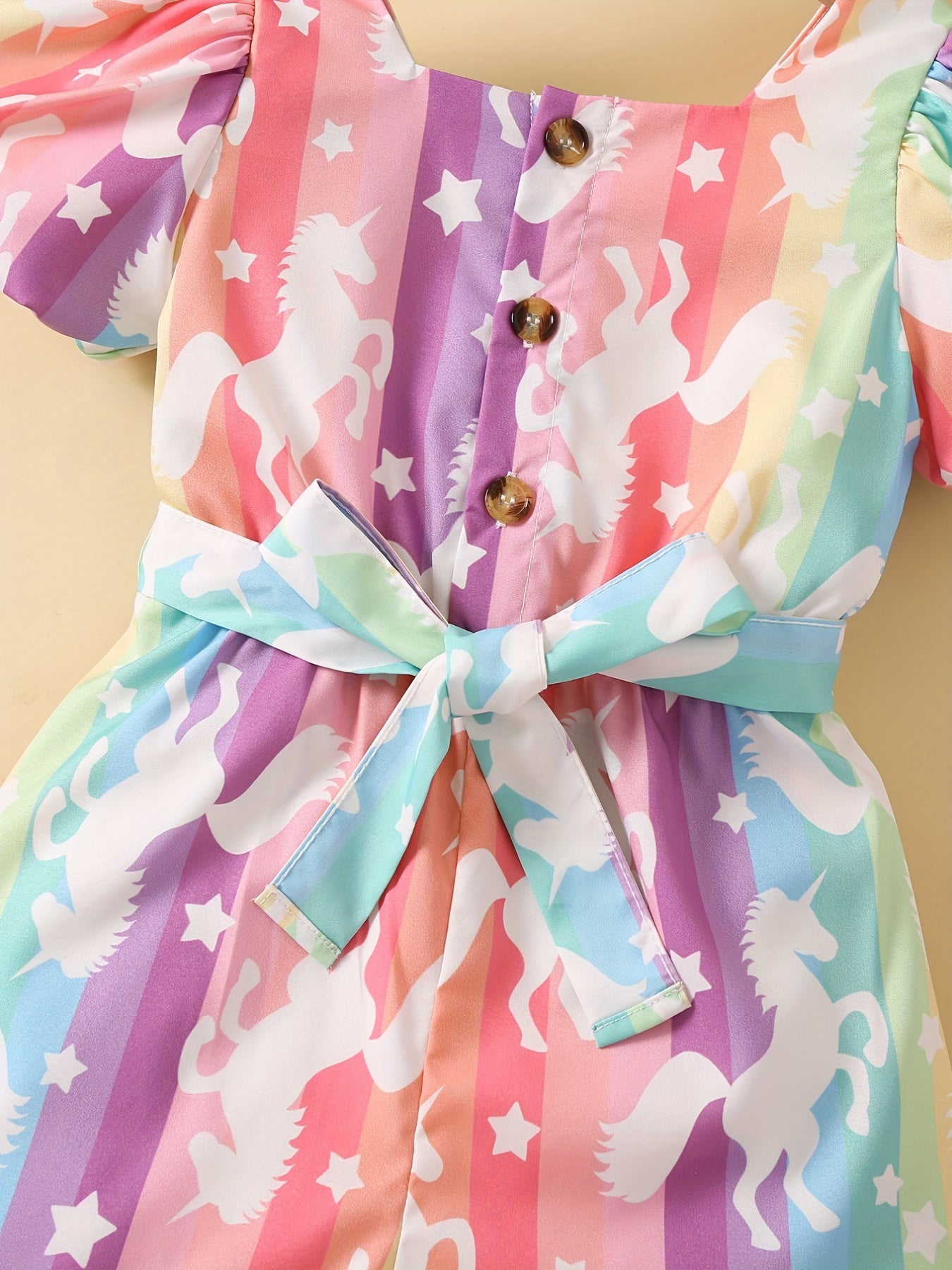 Toddler Girls Puff Sleeve Button Rainbow Unicorn Graphic Belted Rompers