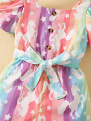 Toddler Girls Puff Sleeve Button Rainbow Unicorn Graphic Belted Rompers