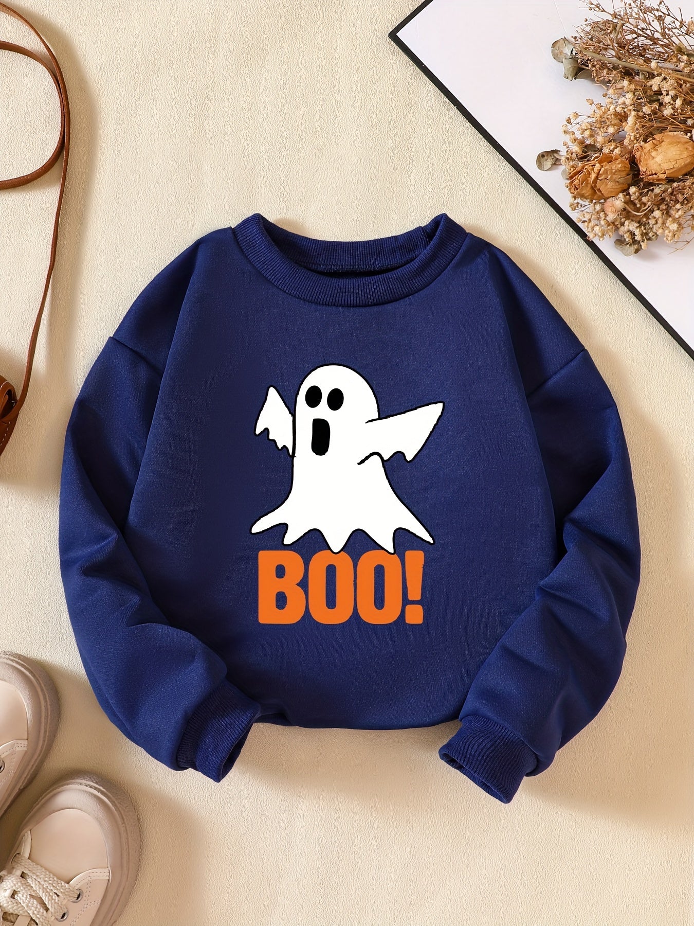 Boo Print Boys Casual Pullover Sweatshirt Crew Neck Tops Kids Clothes