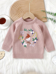 Baby Knitted Sweater Kids Pullover Top Floral Bird Embroidered Blouse