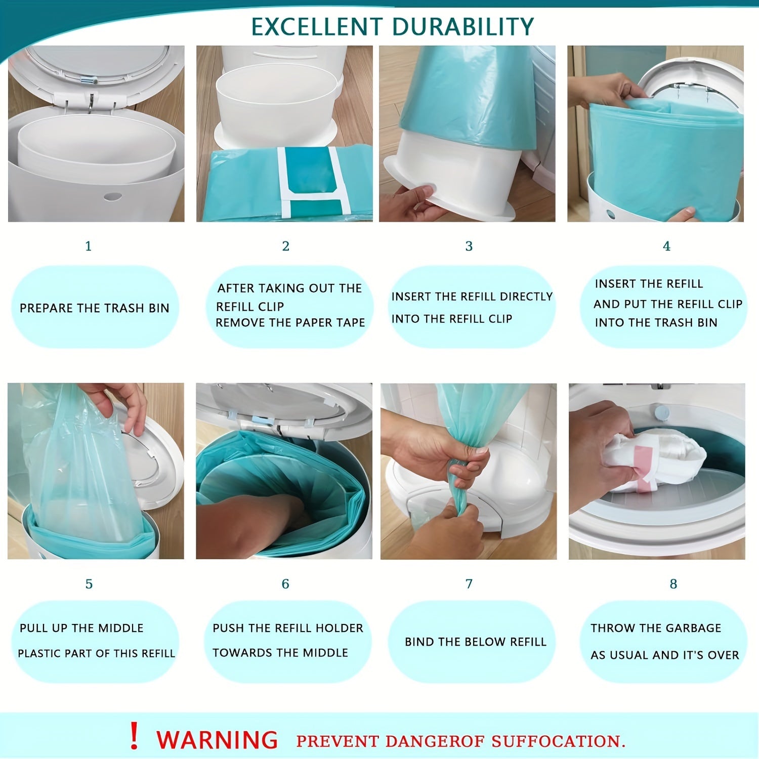 8pcs Diaper Pail Refills Bags for Dekor Classic Regular Size Pail