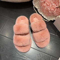 Fluffy Two Bands Slippers Solid Open Toe Slip On Plush Shoes Cozy & Warm