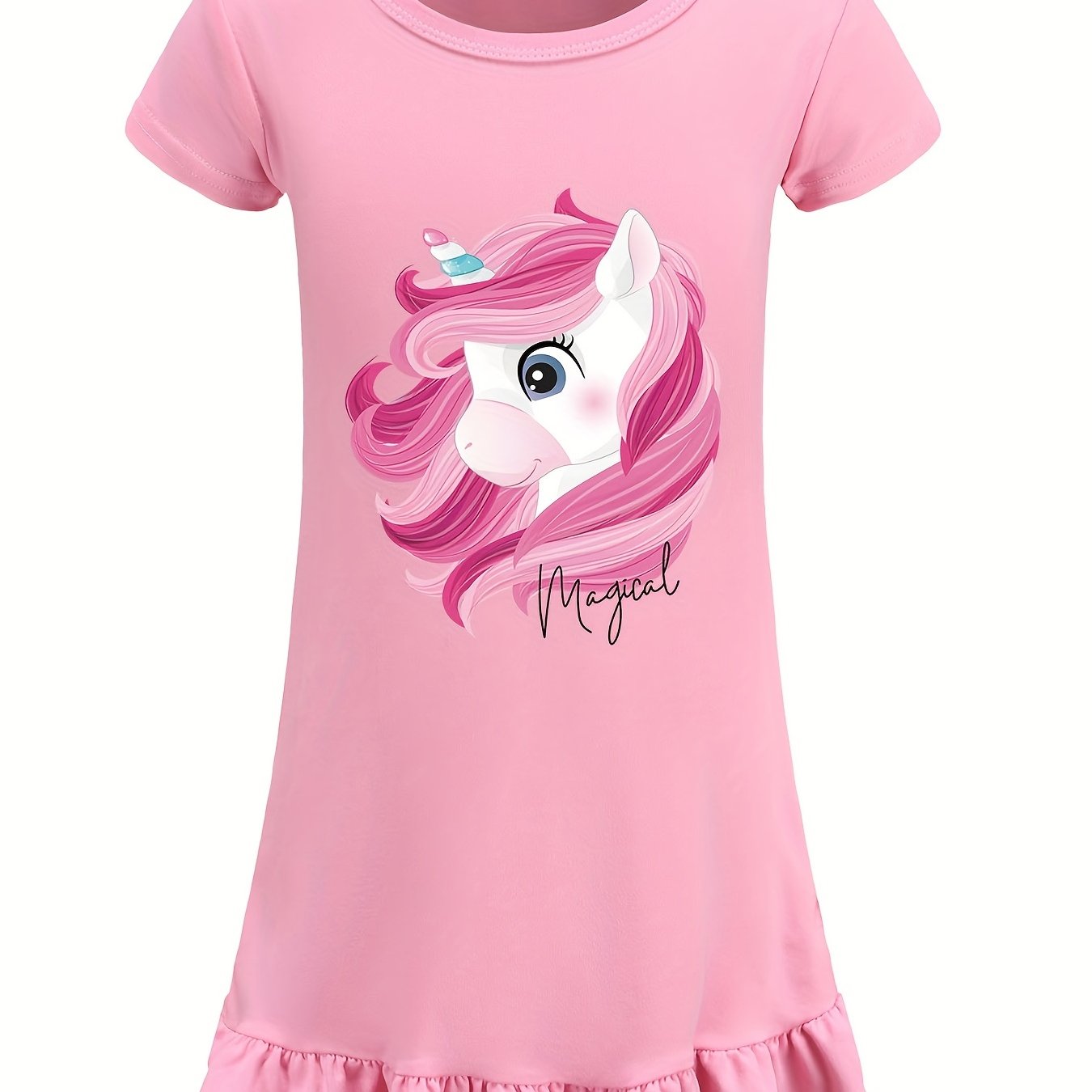 Toddler Girl's Unicorn Print Nightgown Ruffle Short Sleeve Nightdress