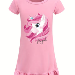 Toddler Girl's Unicorn Print Nightgown Ruffle Short Sleeve Nightdress