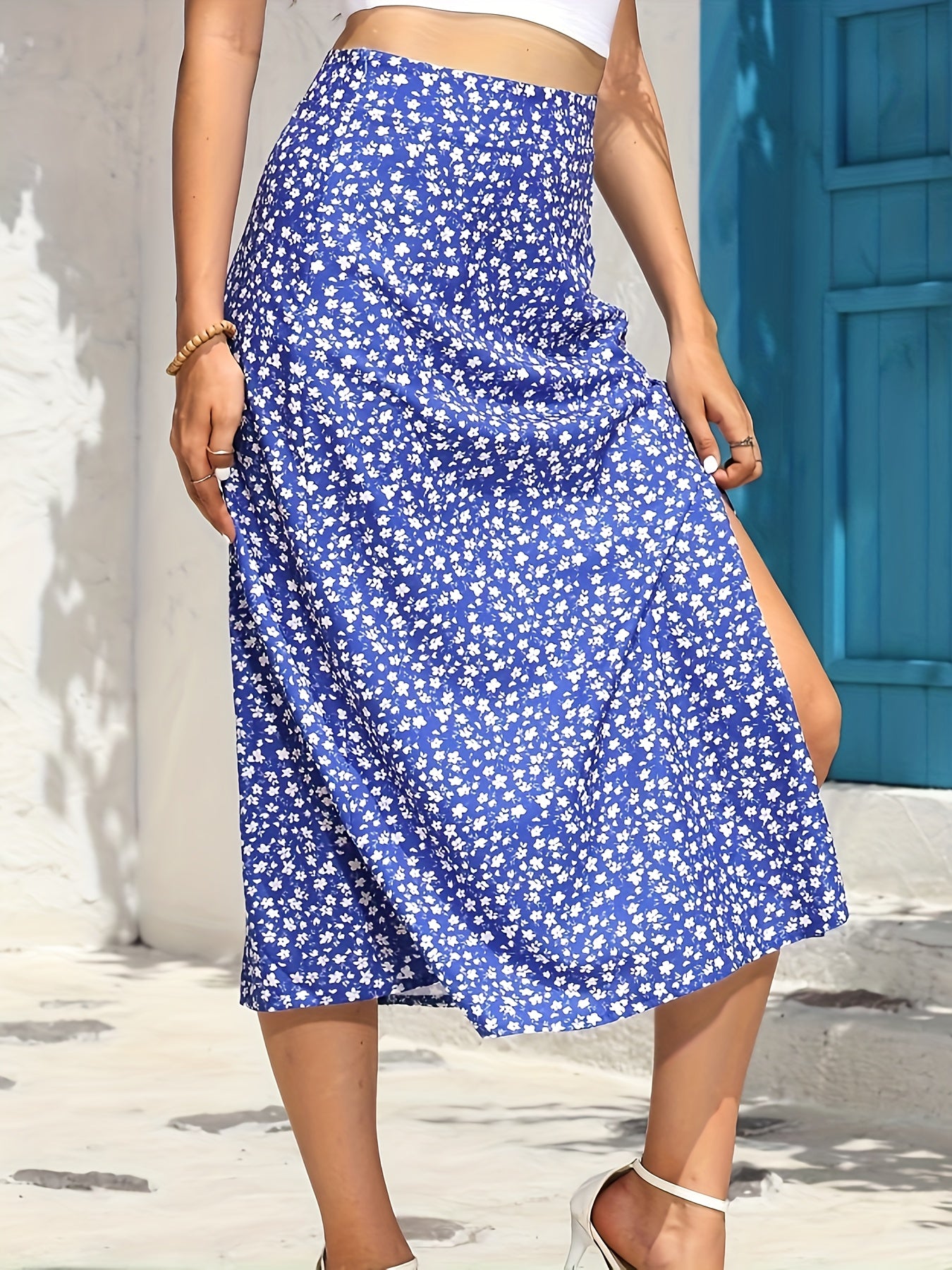 Floral Print Midi Skirt with Side Slit for Summer & Spring
