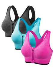 3 Front Zip Sports Bras Breathable Running Racer Back Bra