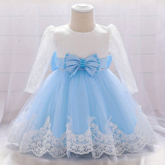Bow Princess Gown Dress Girls Long Sleeve Lace Floral Stitching One Year's Dress