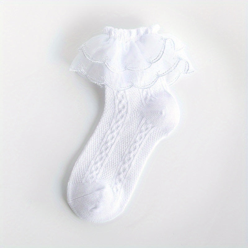 3 Pairs Girls Kids Lace Ruffled Princess Socks Breathable Comfy Children's Socks