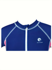 Girls Colorblock Short Sleeve 1pc Swimwear With Swim Cap