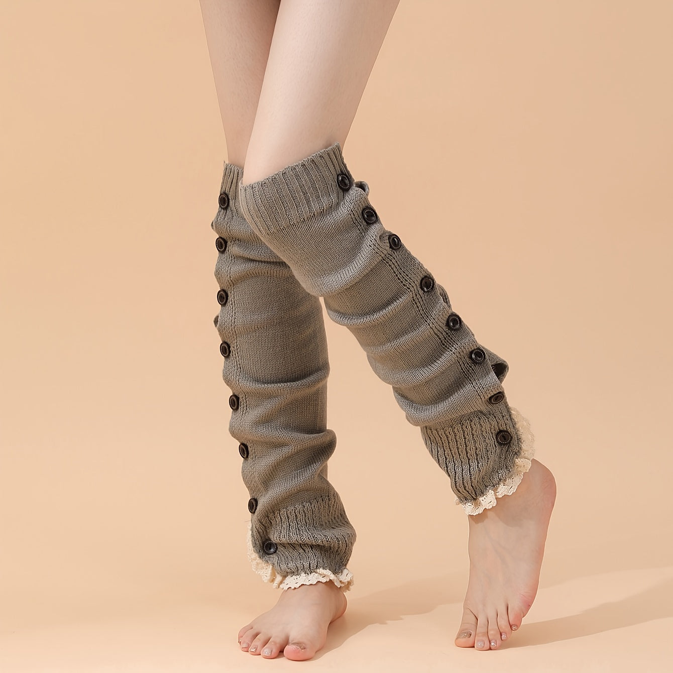 Lace Trim Leg Warmers Warm Buttons Knitted Socks