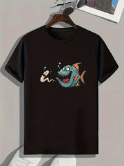 Cartoon Fish Pattern Print Men's Comfy Sports T-shirt Graphic Tee