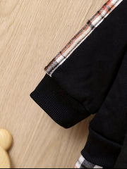 Boys Plaid Pullover Pants Set with Bear Bag