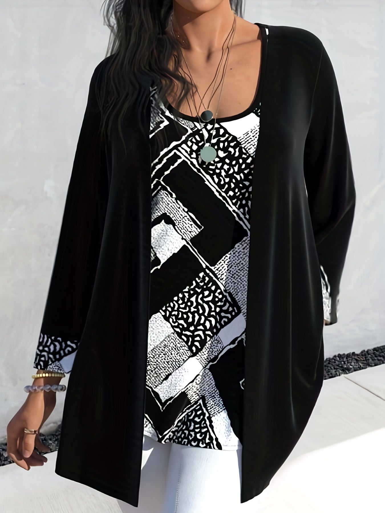 Colorblock Graphic Print Long Sleeve Cardigan & Top Set
