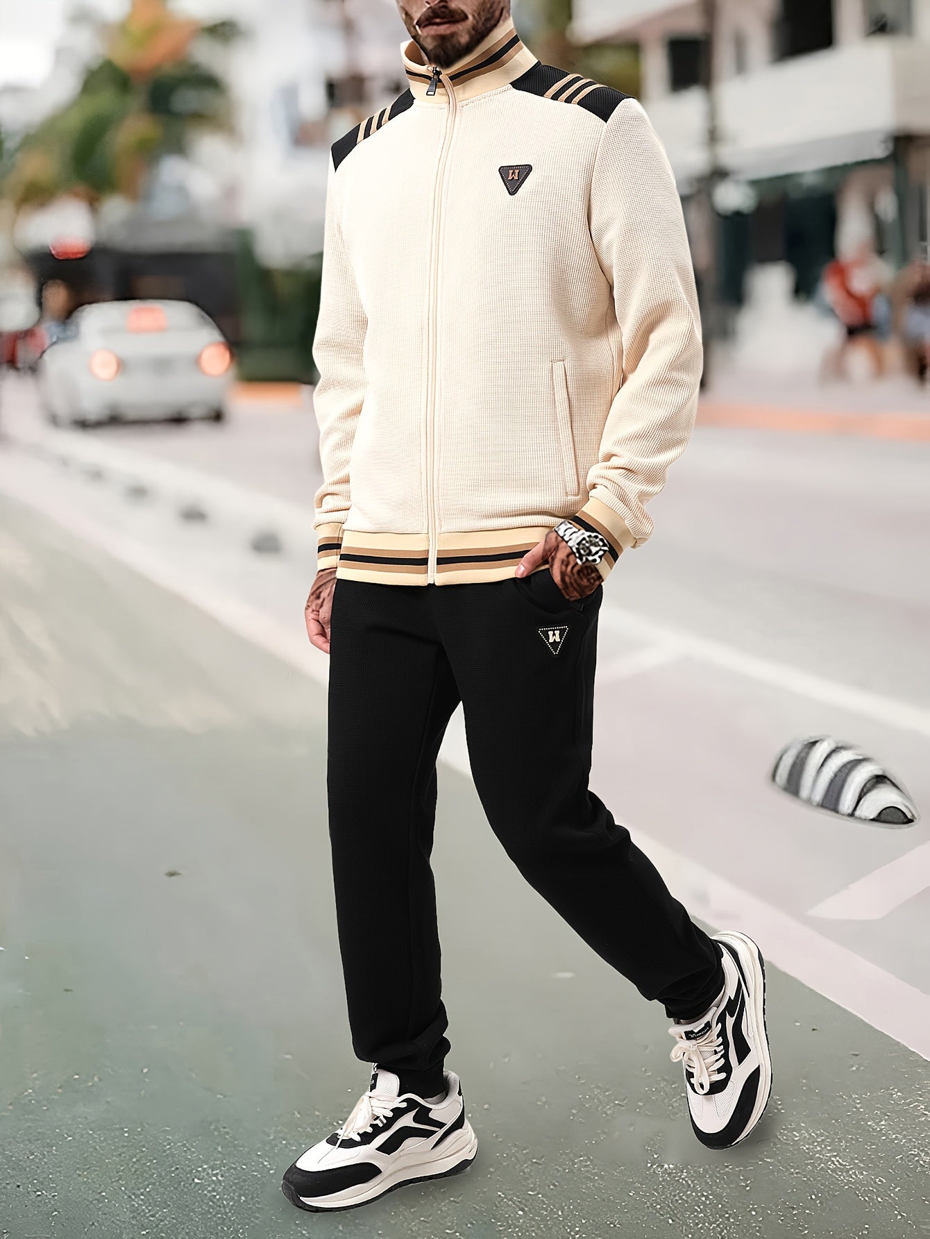 Men's 2 Piece Outfits Stand Collar Stripe Casual Jacket And Sweatpants Set
