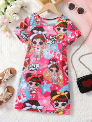 Toddler Girls Dress ''Cartoon Girl'' Graphic Short Sleeve Casual T Shirt Dress