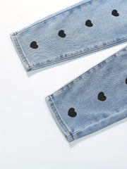 Girls Heart Print Stretch Jean Denim Pants with Pocket