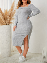 Solid Ribbed One Shoulder Long Sleeve Midi Dress