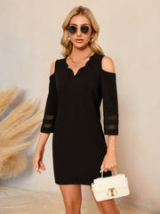 Cold Shoulder 3/4 Sleeve Dress V Neck Scallop Trim Casual