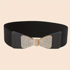 Rhinestone Bow Buckle Belt Wide PU Elastic Waistband