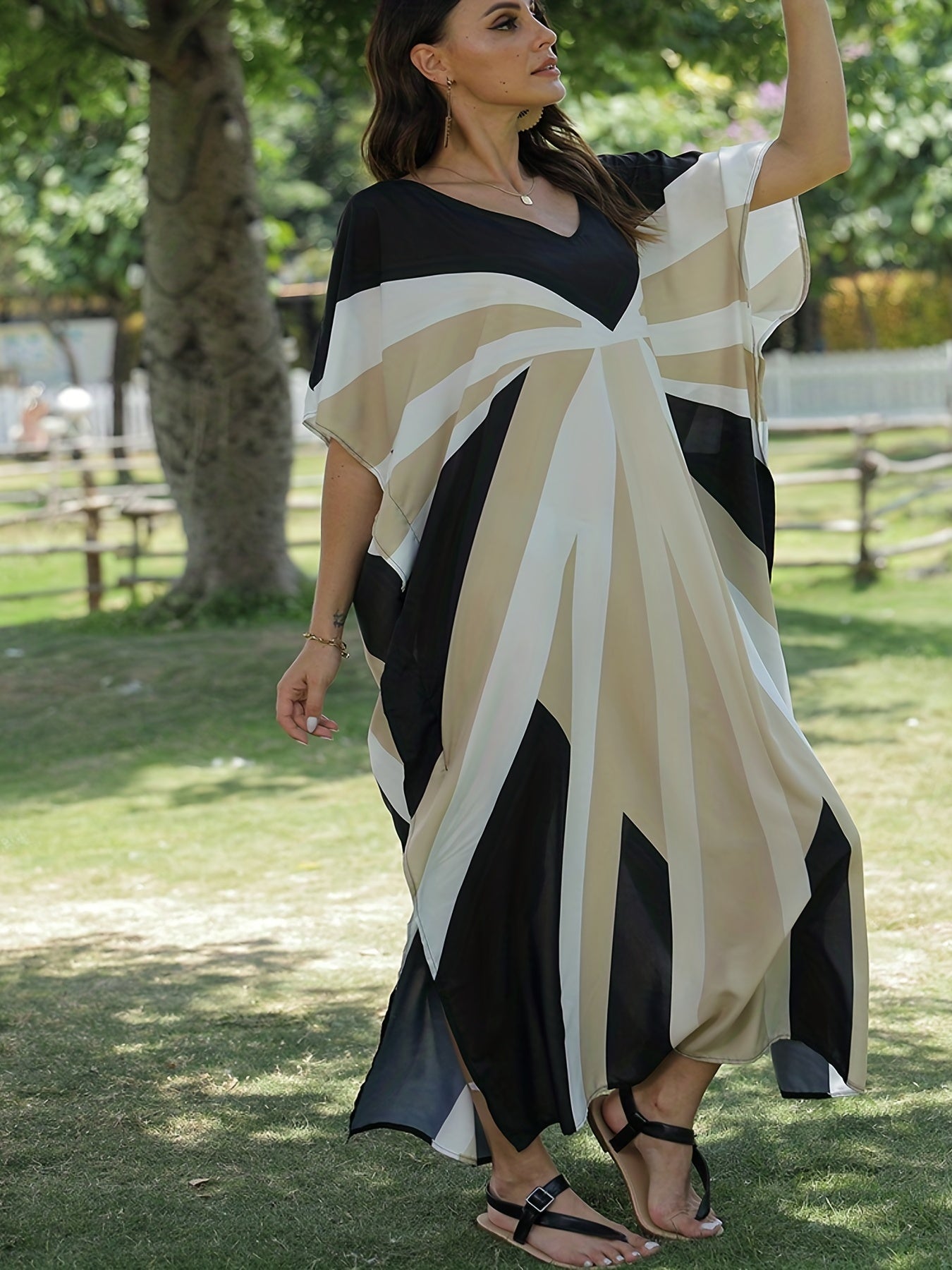 Geometric Print V-Neck Cover Up Dress