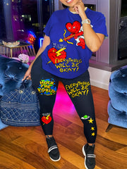 Casual Outfits Set Women's Funny Print Tee & Leggings Set