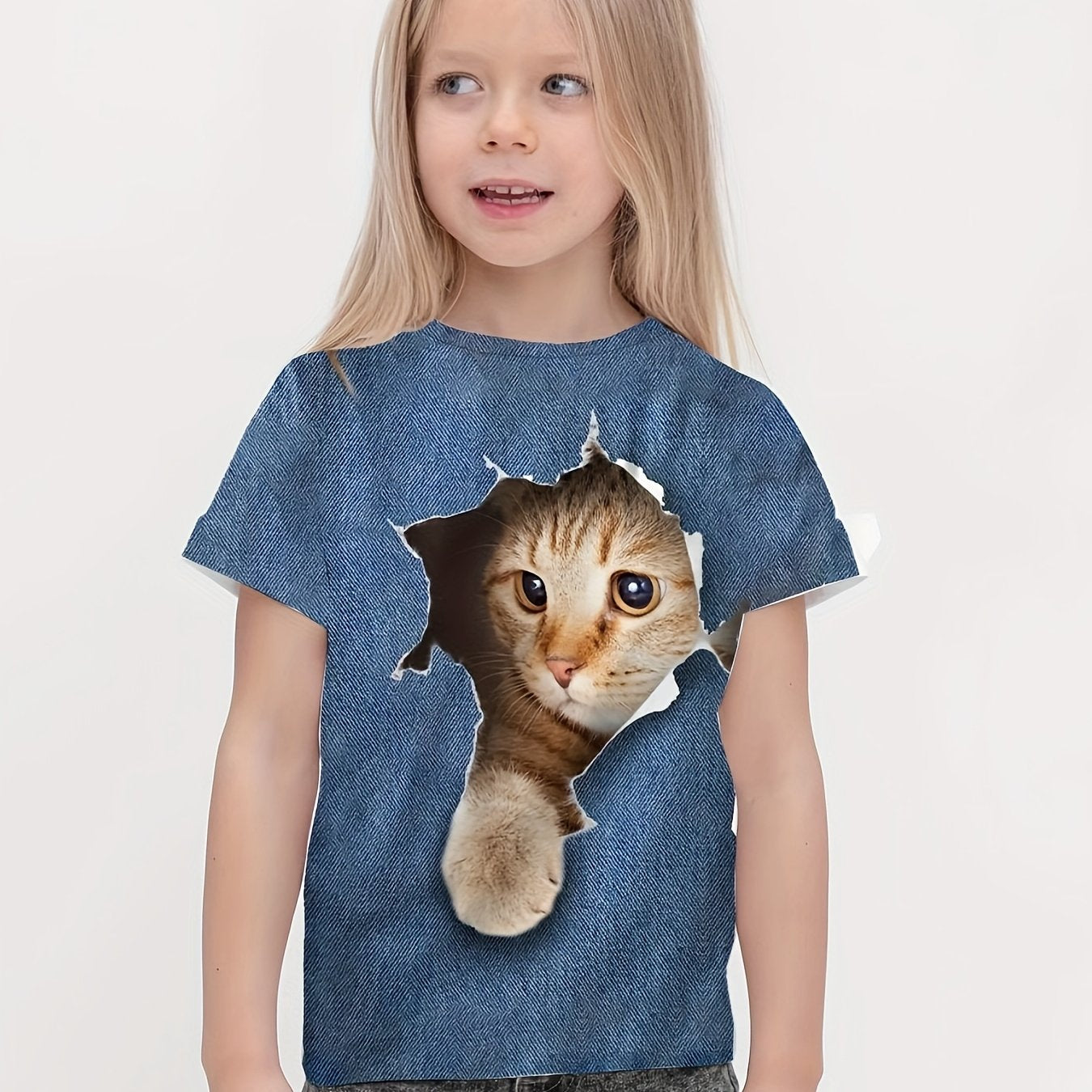 3D Cat Graphic Crew Neck Tee Girls Casual Pullover Top