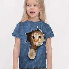 3D Cat Graphic Crew Neck Tee Girls Casual Pullover Top