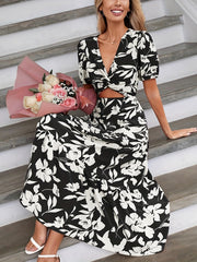 Floral Print Twist Front Dress V Neck Casual Short Sleeve