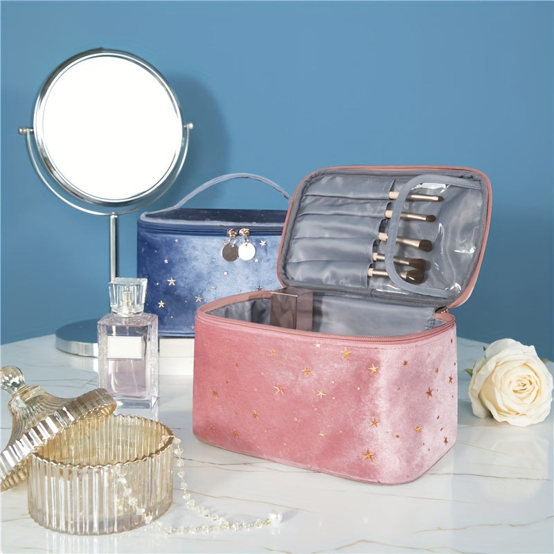 Velvet Makeup Bag with Handle Cosmetic Bags Star Pattern Toiletry Travel Bag