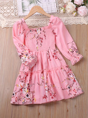 Girls' Shirred Flowers Long Sleeve Dress Kids Party Holiday Summer