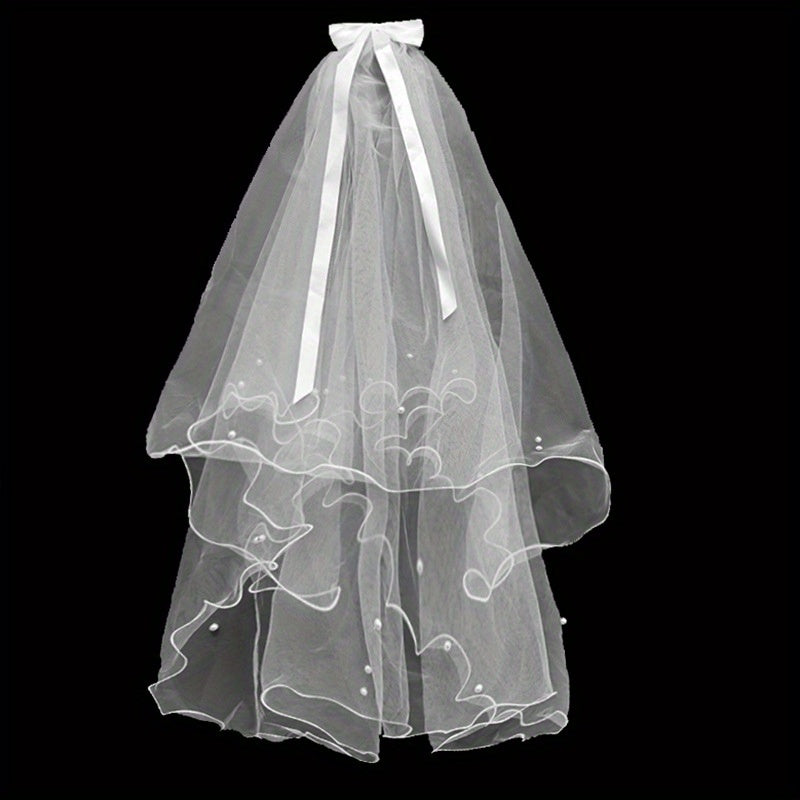 4 Layer Bridal Head Veil with Comb & Faux Pearl Satin Bowknot Hair Piece