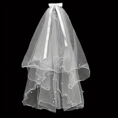 4 Layer Bridal Head Veil with Comb & Faux Pearl Satin Bowknot Hair Piece
