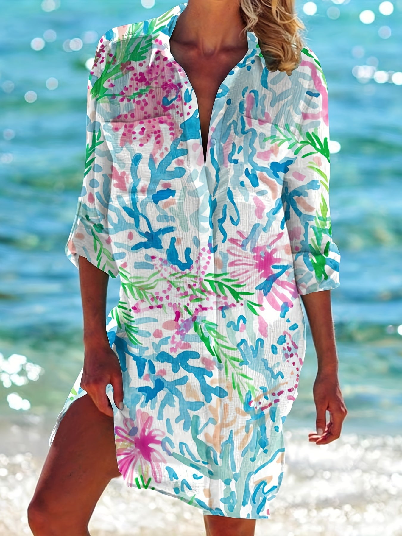 Abstract Print Button Up Long Sleeve Shirt Dress