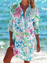 Abstract Print Button Up Long Sleeve Shirt Dress