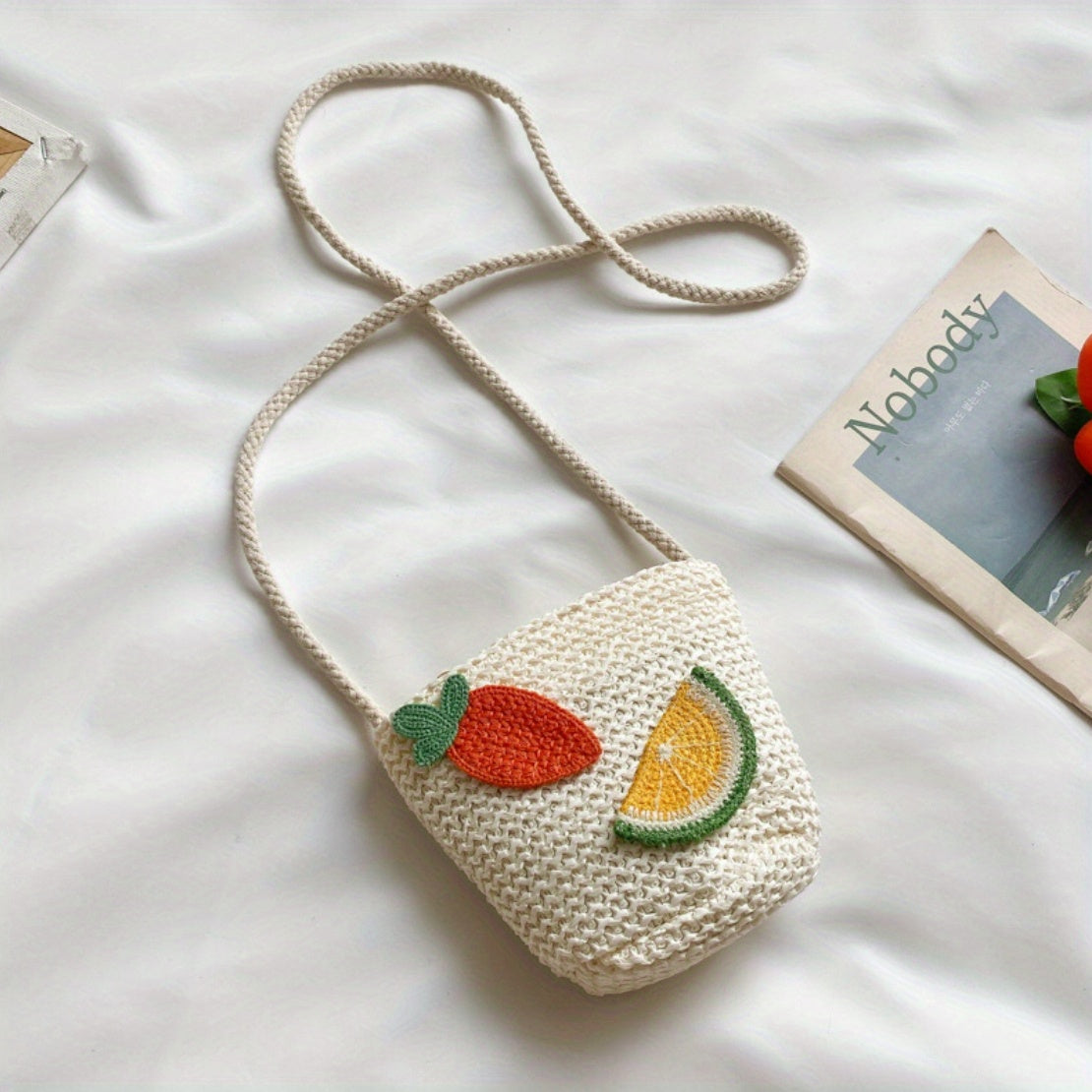 Kids Cartoon Straw Crossbody Bag with Zipper Coin Purse
