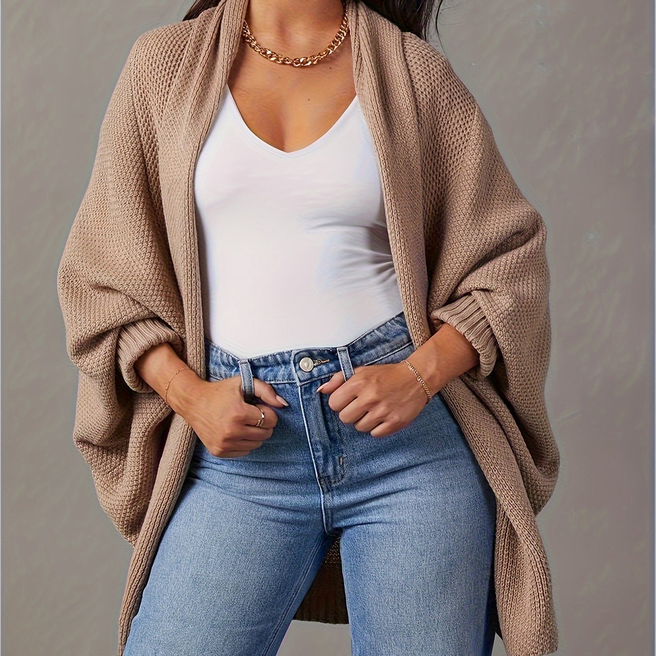 Casual Cardigan Women's Plus Solid Bat Sleeve...ront Cardigan