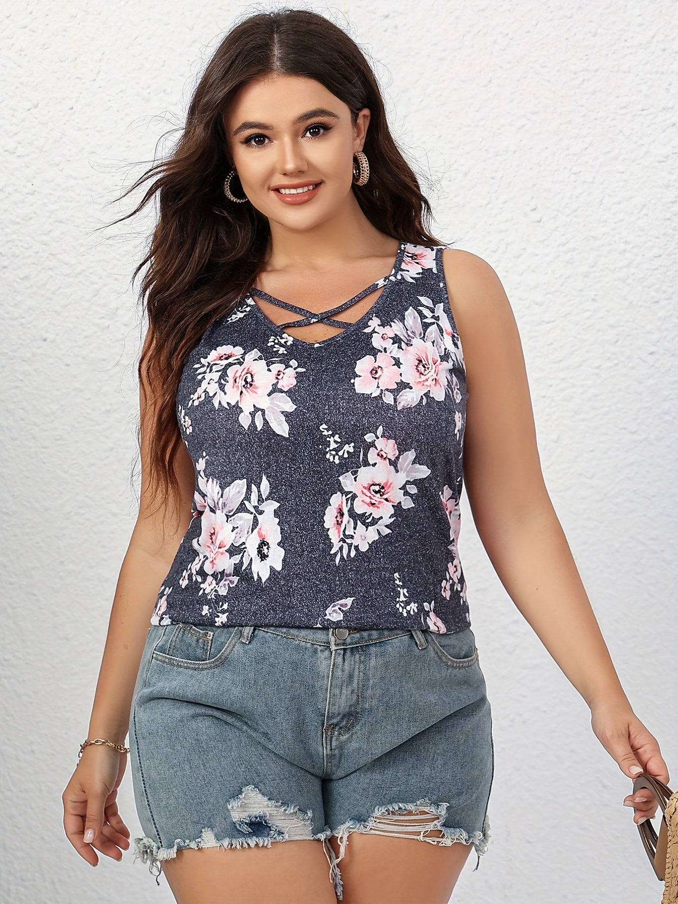 Floral Criss Cross V Neck Plus Size Tank Top