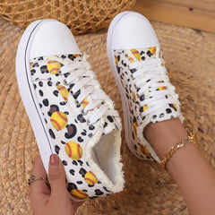Women's Baseball Print Canvas Lace-Up Sneakers Lightweight Flat Shoes