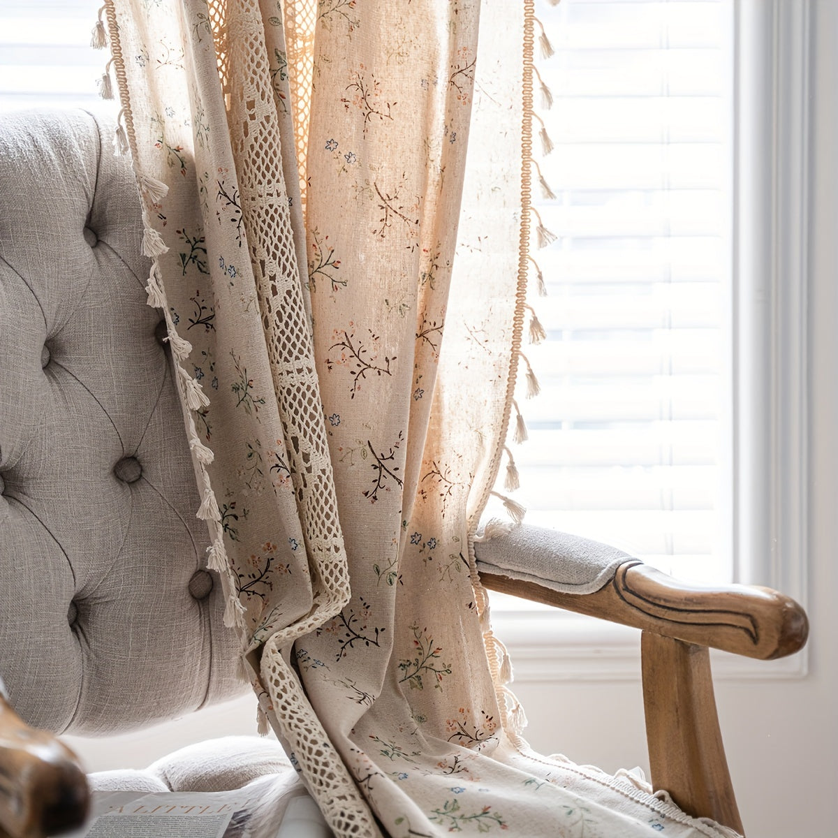 American Style Flower Printed Tassel Curtain Half Blackout for Room Decoration