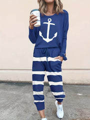 Women's Plus Anchor & Stripe Long Sleeve Tee & Joggers Set