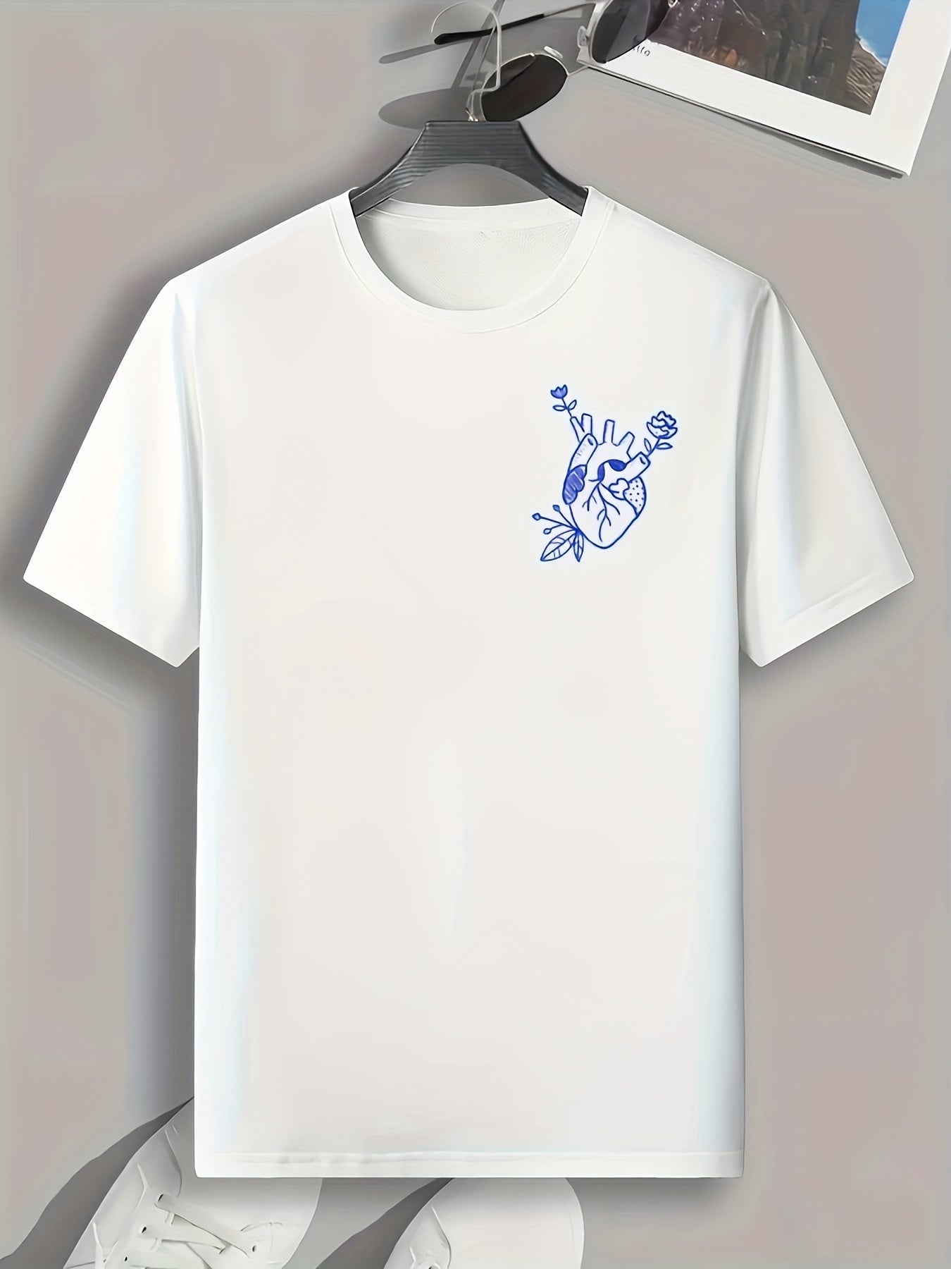 Heart Doodle Print Men's Comfy T shirt Active Slightly Stretch Tee
