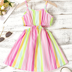 Girls Rainbow Striped Cut out Waist Cami Dress Sleeveless A Line Flared Dresses