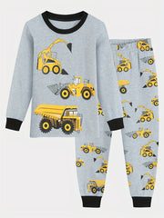 Boys 2pcs Car Print Pajama Set Long Sleeve Top & Trousers Round Neck Comfortable