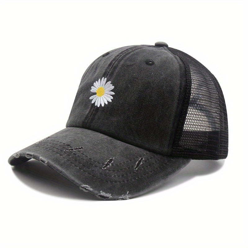 Daisy Embroidered Ponytail Trucker Hat Ripped Washed Distressed Baseball Cap