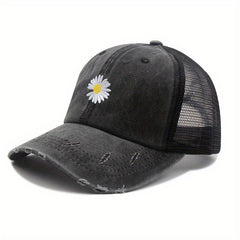 Daisy Embroidered Ponytail Trucker Hat Ripped Washed Distressed Baseball Cap