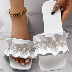 Women's Pearl Ruched Sandals Square Toe Non slip Slides Shoes Summer