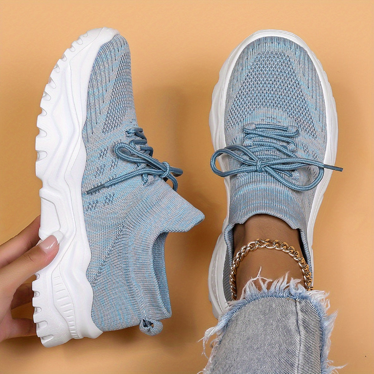 Women's Breathable Knit Sneakers Lightweight Low Top Lace Up Shoes