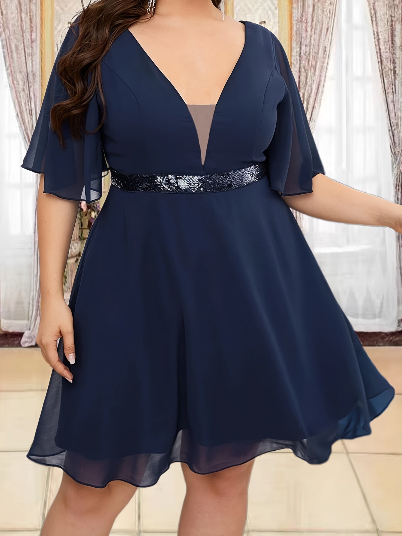 Plus Size Sexy Bridesmaid Dress Women's Plus Sequin Ruffle Sleeve